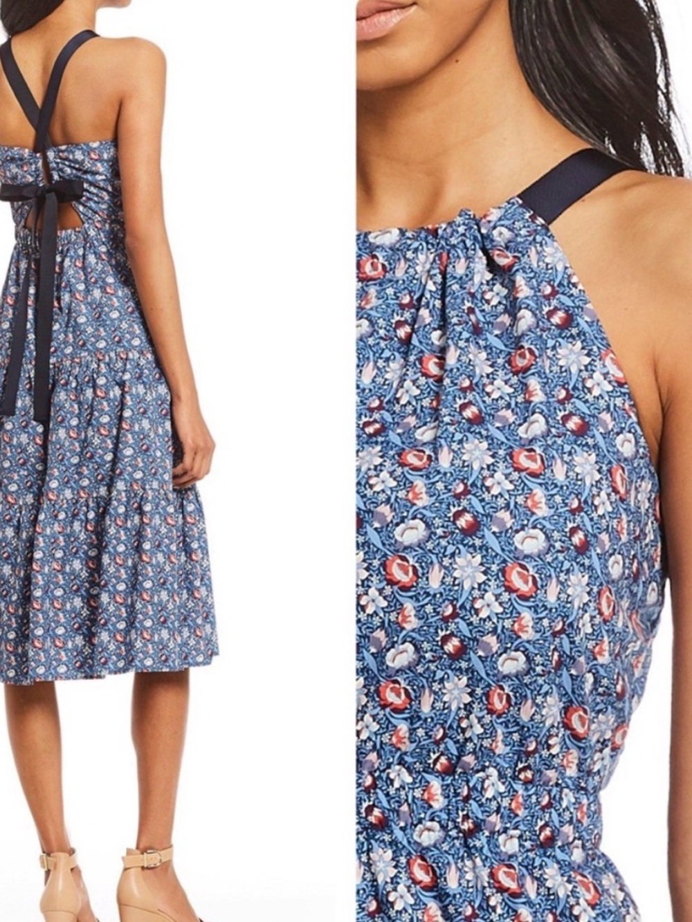 ANTONIO MELANI Blue Floral Halter Midi Dress with Back Tie